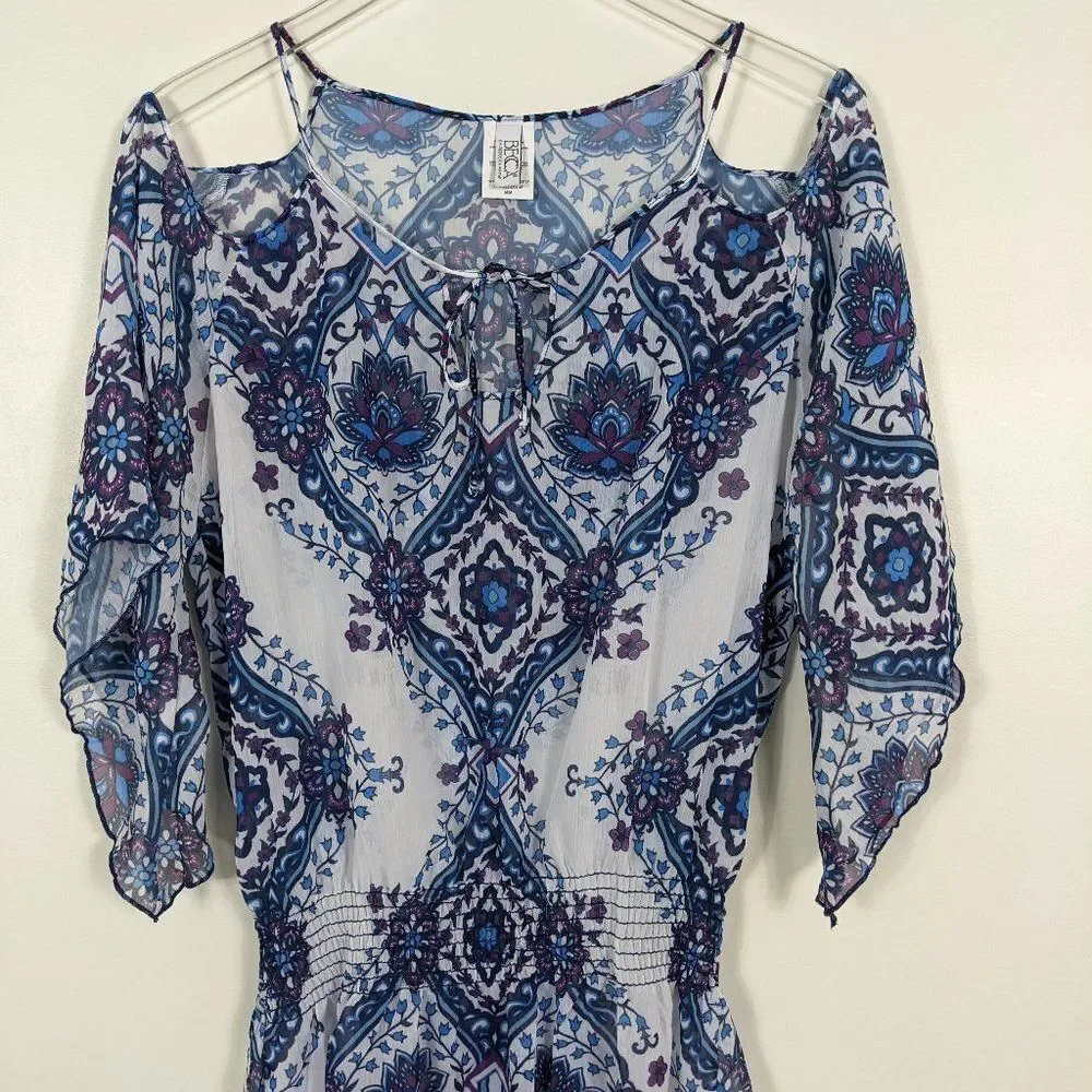 Becca by Rebecca Virtue Swimsuit Cover-Up Blue White Sheer Lotus Flower Medium